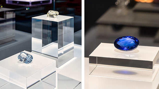 The 46.39 ct Fancy blue Celeste and 100.92 ct colorless diamonds (left) and 108.03 ct blue sapphire from Sri Lanka (right) on display at the <i>Brilliance</i> exhibit.
