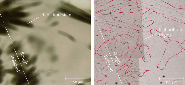 Close-up view of the diamond’s radiation stains (left) and a view of acicular indentations under reflected light (right).