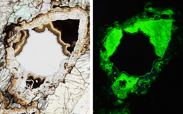 Strongly altered ekanite nodule in plane-polarized transmitted light (left) and photoluminescence (right).