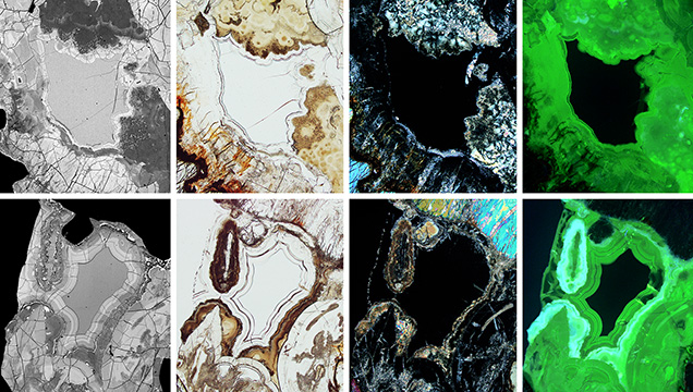 Heterogeneous alteration rims surrounding fresh metamict ekanite, with alteration rims emitting intense green, uranyl-related photoluminescence.