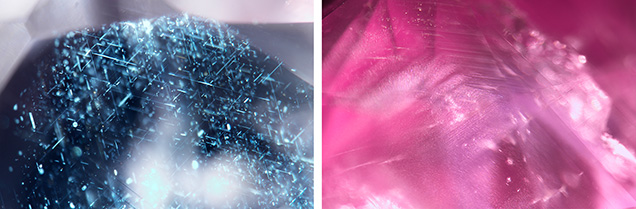 Figure 3. Left: The particles often appear as a mix of short needles, arrowheads, and more irregular shapes. Illuminating them requires the right orientation of the eye, particles, and light source. Right: Dense clouds of finer particles are occasionally found in Greenland rubies. Photomicrographs by C. Khowpong; fields of view 2.40 mm (left) and 2.88 mm (right).