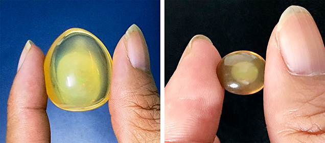 Figure 2. There is no significant visual difference between an untreated Ethiopian natural phantom opal (left, 35 ct) and a treated phantom opal (right, 6 ct). Photos by Le Ngoc Nang.