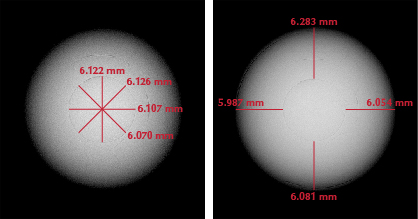 Figure 2. RTX images revealing the pearl’s internal structure. Left: Diameter of the bead in four directions. Right: The size of the nacre thickness measurements around the bead from its demarcation up to the outer nacre in four directions.