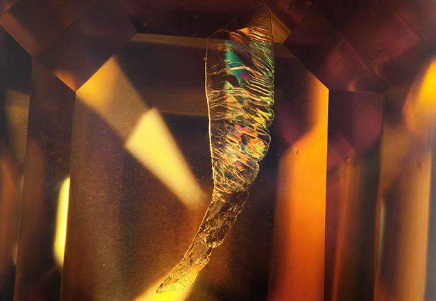 A subsurface feather in diamond resembling an insect wing, with visible iridescence caused by thin-film interference. Photomicrograph by Matthew Hardman; field of view 2.90 mm.