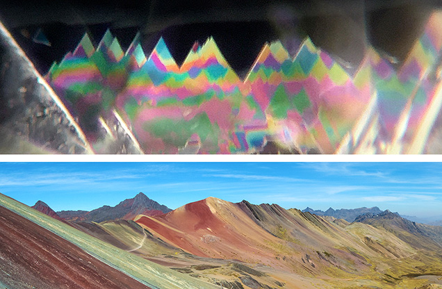 These iridescence features observed in a 1.71 ct natural diamond (top) were reminiscent of Rainbow Mountain in Peru (bottom). Photomicrograph by Tejas Jhaveri; field of view 2.90 mm. Bottom photo courtesy of Daniel Sánchez Ibarra (Wikimedia Commons).