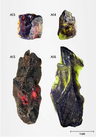 Figure 6. Rough augite samples before grinding and polishing for XRD (A13 and A14) and EPMA (A15 and A16), shown in transmitted light. Photos by Pham Minh Tien.