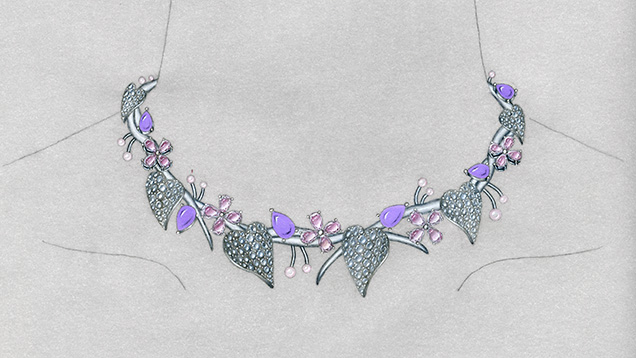 Haeri Jang&rsquo;s design sketch for the &ldquo;Blossom&rdquo; necklace, featuring white gold, pink and colorless diamonds, lavender jade, and akoya pearls.