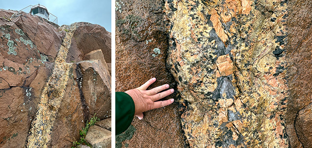 Figure 3. A granitic pegmatite vein measuring 70 cm wide in the cogenetic Bohus granite at Lysekil in Bohuslän County, Sweden. The vein consists of quartz, feldspars, muscovite, and accessory garnet. Photos by Peter Lyckberg.