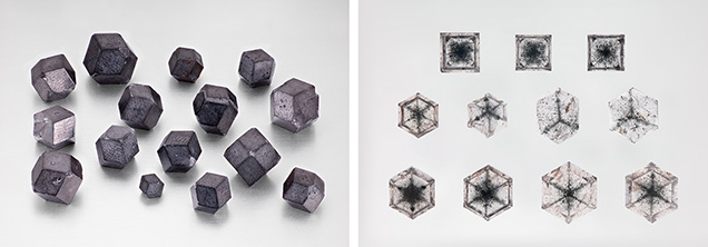 Figure 1. Left: Grossular crystals weighing 0.63 to 4.63 ct from Hangzhou, China. Right: Slices, cut perpendicular to the tetrad axis (top row) and the triad axis (middle and bottom rows). Photos by Hongtao Shen (left) and Tsang Ho Yin (right).