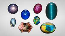 Figure 1. A variety of some of the most common phenomenal gemstones. Top row, left to right: 2.35 ct 12-rayed star sapphire from Sri Lanka, gift of Gordon Bleck, GIA Museum no. 17037; 18.18 ct blue star sapphire, courtesy of Evan Caplan; 18.29 ct star ruby from Myanmar, courtesy of the Natural History Museum of Los Angeles County; 36.76 ct cat’s-eye tourmaline from Brazil, courtesy of Pala International. Bottom row, left to right: 7.60 ct moonstone from Sri Lanka; 11.0 ct Oregon sunstone displaying aventurescence over red and green bodycolors; 11.45 ct black opal from Australia displaying vibrant play-of-color; 30.82 ct Finnish labradorite cabochon from GIA’s Dr. Edward J. Gübelin collection. Photos by Robert Weldon (six stones on the left) and Orasa Weldon (two stones on the right).