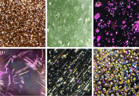 Figure 20. A: Triangular copper particles in goldstone glass. B: Glitters of fuchsite (Cr-muscovite) in aventurine quartz (quartzite). C: Flaky covellite (CuS) inclusions in a quartz crystal showing magenta color under reflected lighting. D: Flaky titanite (sphene) inclusions in a spinel crystal. E: Rectangular and needle inclusions in aventurescent aquamarine. F: Thin-film fluid inclusions in aquamarine. Photomicrographs by Nathan Renfro; fields of view 1.34 mm (A), 5.50 mm (B), 3.15 mm (C), 1.22 mm (D), 5.78 mm (E), and 2.36 mm (F). Courtesy of John I. Koivula.