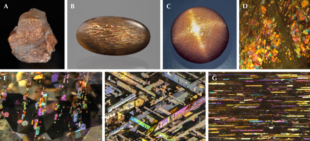 Figure 22. A: A 42.50 ct rough oligoclase sunstone reportedly from Tanzania. B: An 18.40 ct “meteor shower sunstone” cabochon from Tanzania. C: A 14.77 ct round orthoclase sunstone cabochon from Tanzania showing a four-rayed star. D: Iridescent reflection from hematite inclusions in a Canadian labradorite due to thin-film interference. E: Hematite platelets in an oligoclase “confetti sunstone” from Tanzania; courtesy of John I. Koivula. F: Thin-film magnetite and hematite blades elongated along the ⟨011⟩ directions in an orthoclase rainbow lattice sunstone from Australia. G: Thin-film iridescent hematite blades elongated along the [010] directions in an orthoclase sunstone from Tanzania, along with some tiny needles along the ⟨011⟩ directions. Photos by Emily Lane (A), Annie Haynes (B), Maha Tannous (C), Shiyun Jin (D), and Nathan Renfro (E, F, and G); fields of view 2.2 mm (D), 9.56 mm (E), 6.39 mm (F), and 7.20 mm (G).