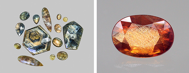Figure 24. Left: Gold sheen sapphires from eastern Kenya (largest 97.69 ct). Photo by Lhapsin Nillapat. Right: A 4.34 ct faceted transparent orange sapphire showing a golden sheen effect. Photo by Tasnara Sripoonjan; courtesy of the Gem and Jewelry Institute of Thailand.
