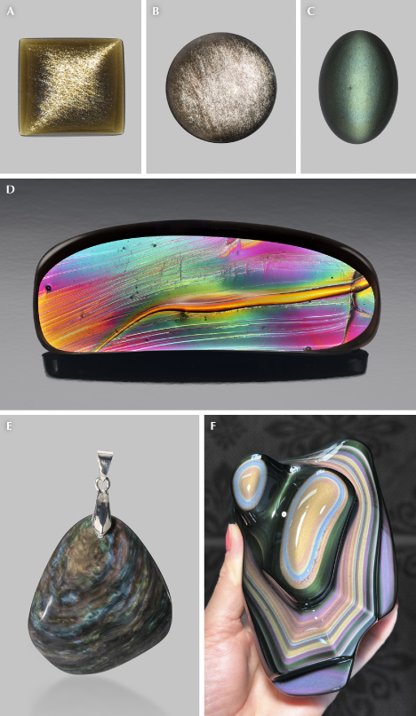Figure 25. A: A 7.26 ct golden sheen obsidian from Mexico. B: A 6.95 ct silver sheen obsidian from Mexico. C: A 7.69 ct cat’s-eye obsidian from Mexico. D: A 54.32 ct fire obsidian fashioned by Tom Dodge. E: A 14.7 g “velvet” obsidian from Mexico. F: A rainbow obsidian showing layers with different iridescent colors. Note that only A and B are considered aventurescent due to the eye-visible reflective inclusions, whereas the sheen in C–F is not created by visually discernible structures. Photos by Annie Haynes (A–C), Robert Weldon (D), and Emily Lane (E). Courtesy of John I. Koivula (A–C) and Rocks for the Spirit (F).