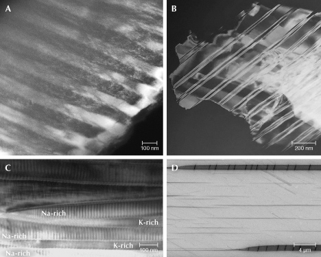 Figure 27. A: Darkfield TEM image of labradorite from Canada with blue iridescent color. B: Darkfield image of peristerite with blue iridescent color from the U.S. state of Virginia. C: Brightfield image of moonstone with greenish yellow iridescence. D: SEM image of the (010) cleavage surface of rainbow lattice sunstone from Australia. Images by Seungyeol Lee (A) and Shiyun Jin (D); images B and C courtesy of Huifang Xu.