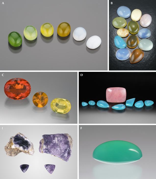 Figure 2. A: Green, yellow, brown, and white Brazilian opals; courtesy of Cody Opal. B: Mexican opals showing ranges of color and clarity. C: Faceted fire opals with red (13.51 ct, Mexico), orange (3.14 ct, Mexico), and yellow (8.80 ct, United States) colors. D: Pink and blue Peruvian opal; courtesy of Hussain Rezayee, Rare Gem Co. E: Purple Mexican opals colored by fluorite inclusions (116 and 130 g rough pieces with 13.98 and 15.24 ct cabochons). F: A 10.22 ct prase opal cabochon from Central Tanzania; gift of Lithos Africa. Photos by Robert Weldon (A, C, and D), Tino Hammid (B), and C.D. Mengason (E and F).