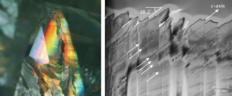 Figure 32. Left: An iridescent quartz crystal from India. Photomicrograph by Nathan Renfro; field of view 6.3 mm. Right: A TEM image showing periodic grooves on the z face of an iridescent quartz; image from Lin and Heaney (2017).