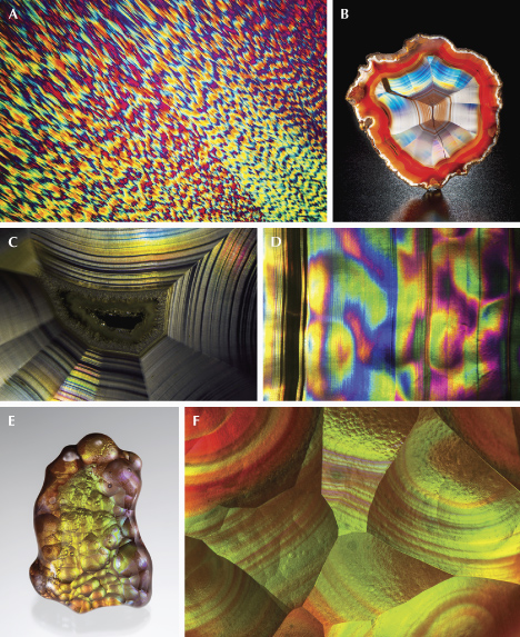 Figure 35. A: A thin section of iris agate under cross-polarized light (lambda plate inserted) showing a <em>Runzelbänderung</em> pattern. B: An iris agate slice from Mexico; courtesy of Si and Ann Frazier. C: Iris agate banding. D: Iris agate banding with patchy play-of-color. E: A 48.04 ct botryoidal fire agate from the U.S. state of Arizona; courtesy of Larry Woods, GIA Museum no. 37742. F: Iridescent surface of a botryoidal fire agate showing concentric patterns. Photos by Nathan Renfro (A, C, D, and F) and Robert Weldon (B and E); fields of view 32 mm (C), 15.67 mm (D), and 6.87 mm (F).