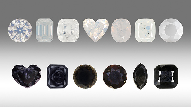 Figure 4. Faceted fancy white and fancy black diamonds with different degrees of transparency. Photos by GIA staff.