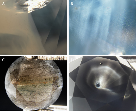 Figure 5. Cloudy regions in fancy white diamonds (top) and dark-colored particle and cloud inclusions in fancy black diamonds (bottom). Photomicrographs by Garrett McElhenny (A) and GIA staff (B–D); fields of view 2.3 mm (A), 1.6 mm (B), 6.7 mm (C), and 6.9 mm (D).