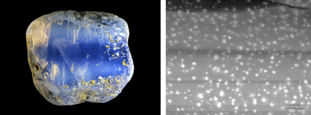 Figure 7. Left: A 1.25 ct sapphire from Ilakaka, Madagascar, containing cloudy areas correlated with higher concentrations of beryllium, niobium, and tantalum. Photo by Nathan Renfro. Right: A scanning TEM (high-angle annular darkfield) image of the cloudy area showing high-density titanium-rich nanoparticles with the riesite structure. The titanium oxide nanoparticles appear brighter than the corundum matrix. The horizontal stripes in the image are artifacts from sample preparation. Image from Shen (2011).