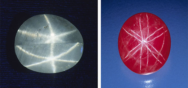 Figure D-2. Sapphire (left, 0.87 ct) and ruby (right, 8.19 ct) with double stars due to twinning. Note that the star sapphire contains only two twin domains, whereas the star ruby is polysynthetically twinned with microscopic twin domains. Photos by Robert Weldon (left) and Shane McClure (right).