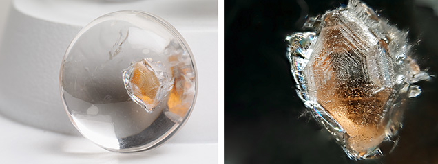 This orange inclusion in quartz (left) with a striated bipyramidal structure was identified as lithiophilite (right). Photos by Wingtak Lui (left) and Liyan He; field of view 13.0 mm (right).