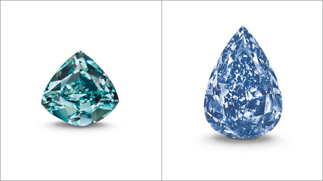 The 5.5 ct Ocean Dream, left, a Fancy Vivid blue-green diamond, sold for $1.4 million per carat, a record for a diamond of that color. The 13.22 ct Winston Blue, right, graded by GIA, sold for $1.8 million per carat, the highest price ever paid for a Fancy Vivid blue diamond of flawless clarity. Photo courtesy of Christie’s.