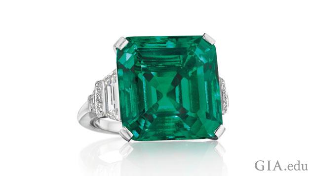 The Rockefeller Emerald is an 18.04 ct octagonal step cut emerald set in a ring and flanked by diamonds.