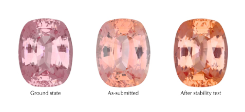 Figure 1. A padparadscha sapphire (3.54 ct) submitted to the GIA laboratory increased its orange color during the color stability test. If left in the dark for an extended period of time, the color could become less orange or even go to straight pink. This can be replicated by exposing the sapphire to intense LED illumination. This stone would be characterized as a padparadscha sapphire because the pink-orange color after the stability test is acceptable. Photos by Diego Sanchez.