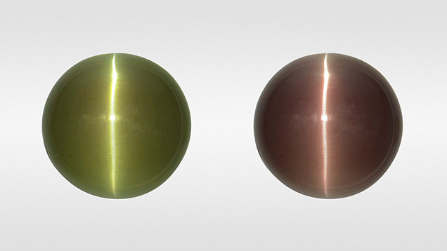 Alexandrite cabochon in fluorescent (left) and incandescent light (right).