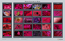 This chart contains a selection of photomicrographs of natural, synthetic, and treated rubies. It is by no means comprehensive. The images show the visual appearance of numerous features a gemologist might observe when viewing rubies with a microscope. Published in conjunction with Nathan D. Renfro, John I. Koivula, Jonathan Muyal, Shane F. McClure, Kevin Schumacher, and James E. Shigley (2017), “Inclusions in Natural, Synthetic, and Treated Ruby,” Gems & Gemology, Vol. 53, No. 4, pp. 457–458. Photomicrographs by Nathan D. Renfro, John I. Koivula, and Jonathan Muyal.
