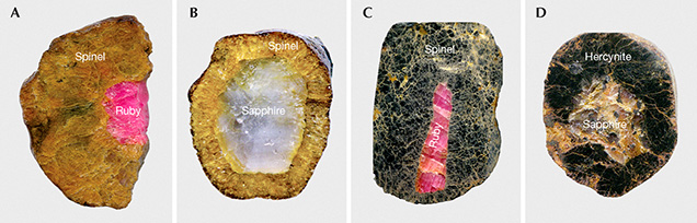 Samples of corundum with spinel corona