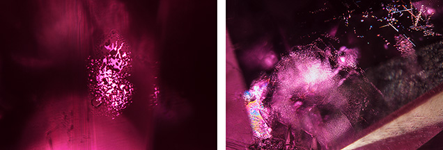 Side-by-side images of inclusions in a Montana ruby.