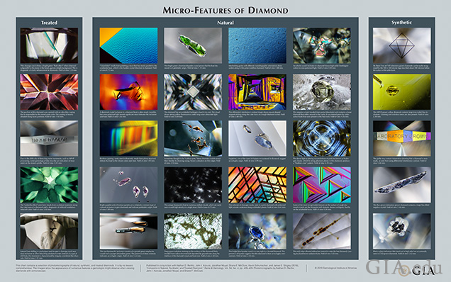 This chart contains a selection of photomicrographs of natural, synthetic, and treated diamonds. It is by no means comprehensive. The images show the appearance of numerous features a gemologist might observe when viewing diamonds with a microscope.