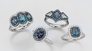 A group of rings featuring alexandrite from Brazil