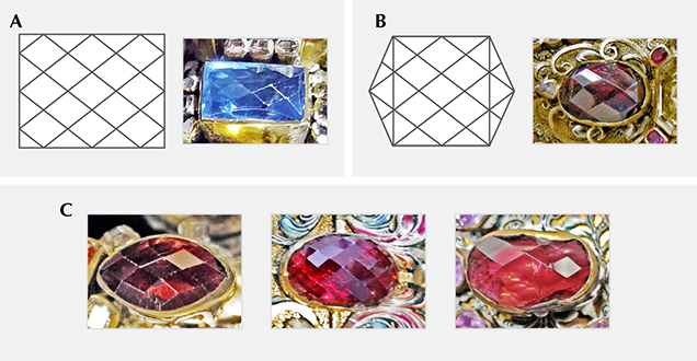 Rose cuts with domes featuring repeating patterns of rhombuses in parallel orientation