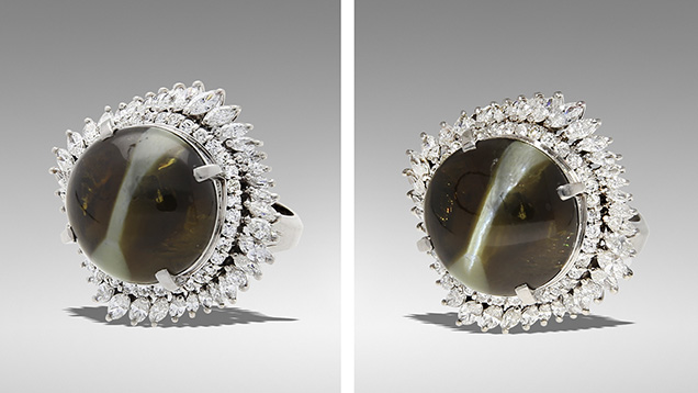 Cat’s-eye chrysoberyl displays distinct color zoning.