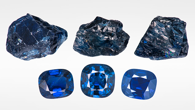 Three Rough and Three Faceted Sapphires from the Baw Mar Mine