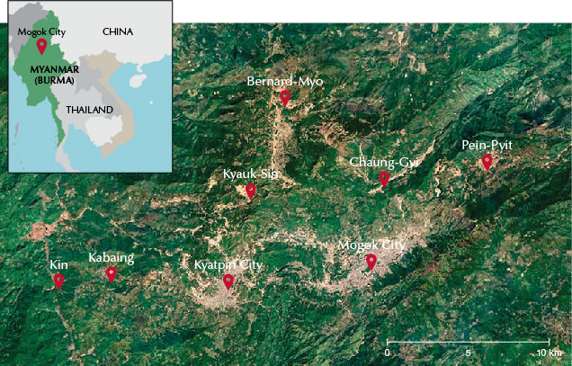 Map of Mogok township and nearby towns