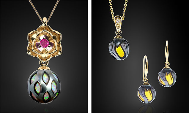 Figure 14. These Galatea Pearls were created with synthetic opal (left) and natural amber (right). The gem bead cultured Tahitian pearls were entirely covered by nacre when harvested and later carved by hand to display the gem bead underneath the surface. The pendant on the left features a 16 mm Tahitian pearl and a ruby, while the pearls in the jewelry set on the right are 10–11 mm in diameter. Courtesy of Chi Huynh.