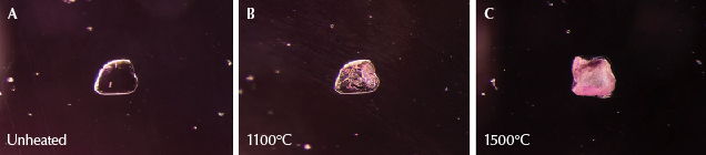 Figure 16. A: This transparent spinel crystal in sample 39 retains the same appearance through subsequent rounds of heating to 600°, 750°, and 900°C. B: The spinel crystal has begun to change in appearance and started to develop elongated lines. C: The crystal has taken on a frosty, whitish appearance. Photomicrographs by E. Billie Hughes; field of view 1.5 mm.