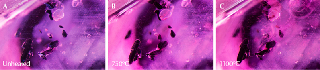 Figure 21. A: Sample 37 shows dark crystals of primary rutile, along with clouds of exsolved rutile silk. B: Small fissures have begun to form around some of the primary rutile crystals. C: The fissures have expanded and begun to heal, though the primary rutile crystals appear unaltered and the rutile silk needles in the background are intact. Photomicrographs by E. Billie Hughes; field of view 2 mm.