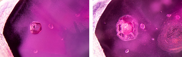 Figure 26. Left: Sample 46 contains a rounded apatite crystal (the larger crystal on the left with the dark triangle) and a small transparent zircon crystal immediately to its right. Remarkably, the apatite crystal remains unchanged until the last round of heating. Right: After heating to 1500°C, the apatite crystal has developed a partially healed fracture around it and become more whitish and opaque. The zircon crystal to the right of it has developed a mottled appearance with a few spots in its interior. On the far right, a partially healed fissure has developed. Photomicrographs by E. Billie Hughes; field of view 1.5 mm.