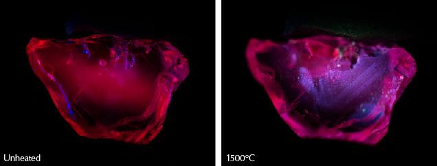 Figure 33. Left: Sample 18 displays a strong red fluorescence in short-wave UV before heat treatment. It retains this appearance after heating to 600°, 750°, 900°, and 1100°C. Right: After heating to 1500°C, it displays a zoned chalky fluorescence in short-wave UV. Photos by E. Billie Hughes.