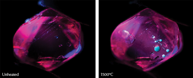 Figure 34. Left: Sample 12 displays strong red fluorescence in short-wave UV before heating and with each subsequent round until the highest temperature round. Right: At a relatively high temperature of 1500°C, it develops a medium chalky fluorescence. The bright round chalky features here are molten material that has hardened on the surface. Photos by E. Billie Hughes.