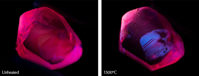 Figure 35. Left: Sample 46 displays a strong red short-wave fluorescence in its unheated state. Like the other samples tested, it did not display any change in appearance in short-wave UV illumination until after the last round of heating. Right: After heating to 1500°C, the ruby displays a clear, zoned chalky appearance in short-wave UV. Photos by E. Billie Hughes.