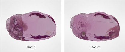 Figure 3. When heated to 1500°C, a cluster of inclusions on the left side of sample 10 became less obvious. On the right side, the alteration of a sphene crystal created clarity issues. Photos by Sora-at Manorotkul.