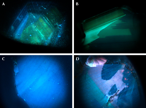 Figure 7. Representative UV luminescence images of Texas topaz acquired using ~225 nm excitation. Note the red luminescent zones in a topaz sample with elevated levels of chromium (image D). Images by Roy Bassoo; field of view ~15 mm.