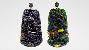 Figure 1. An omphacite jade pendant measuring 68.4 mm tall, shown in reflected light (left) and transmitted light (right). Photo by Tsung-Ying Yang.